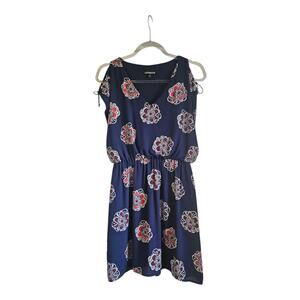 Express Dress SMALL Navy Mini Open Shoulder/Self Tie Lined V-Neck Floral
